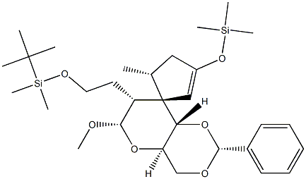 (2R,4aR,5'R,6S,7R,8R,8aS)-4,4a,6,7,8,8a-Hexahydro-5'-methyl-6-methoxy-2-phenyl-7-[2-[tert-butyldimethylsilyloxy]ethyl]-3'-(trimethylsilyloxy)spiro[pyrano[3,2-d]-1,3-dioxin-8,1'-cyclopentan]-2'-ene 结构式