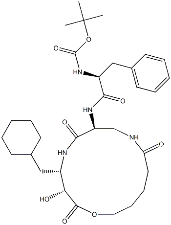 (3R,4S,7S)-7-[(S)-2-(tert-Butyloxycarbonylamino)-3-phenylpropanoylamino]-4-(cyclohexylmethyl)-3-hydroxy-1-oxa-5,9-diazacyclotetradecane-2,6,10-trione Struktur