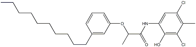 2-[2-(3-デシルフェノキシ)プロパノイルアミノ]-4,6-ジクロロ-5-メチルフェノール 化学構造式