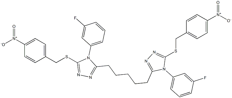5,5'-(1,5-ペンタンジイル)ビス[4-(3-フルオロフェニル)-3-(4-ニトロベンジルチオ)-4H-1,2,4-トリアゾール] 化学構造式