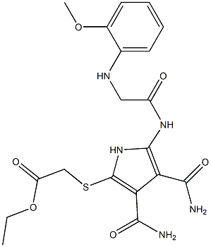 2-[[[(o-Methoxyphenyl)amino]acetyl]amino]-5-[(ethoxycarbonylmethyl)thio]-1H-pyrrole-3,4-dicarboxamide 结构式