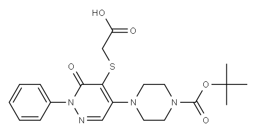 2-(5-(4-(tert-butoxycarbonyl)piperazin-1-yl)-3-oxo-2-phenyl-2,3-dihydropyridazin-4-ylthio)acetic acid Struktur