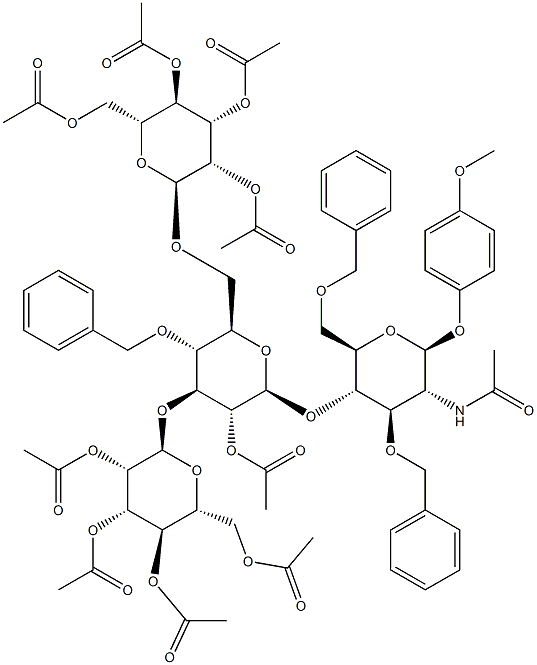 4-Methoxyphenyl 2-acetamido-4-O-[2-O-acetyl-3,6-di-O-(2,3,4,6-tetra-O-acetyl-a-D-mannopyranosyl)-4-O-benzyl-b-D-glucopyranosyl]-3,6-di-O-benzyl-2-deoxy-b-D-glucopyranoside Struktur