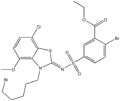 ethyl (Z)-2-bromo-5-(N-(3-(5-bromopentyl)-7-chloro-4-methoxybenzo[d]thiazol-2(3H)-ylidene)sulfamoyl)benzoate 结构式