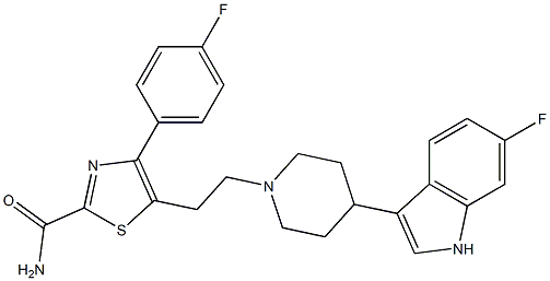 5-(2-(4-(6-fluoro-1H-indole-3-yl)piperidine-1-yl)ethyl)-4-(4-fluorophenyl)thiazole-2-carboxylic acid amide Struktur