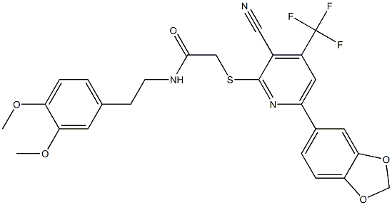 2-{[6-(1,3-benzodioxol-5-yl)-3-cyano-4-(trifluoromethyl)-2-pyridinyl]sulfanyl}-N-(3,4-dimethoxyphenethyl)acetamide Struktur