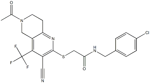 2-{[6-acetyl-3-cyano-4-(trifluoromethyl)-5,6,7,8-tetrahydro[1,6]naphthyridin-2-yl]sulfanyl}-N-(4-chlorobenzyl)acetamide 化学構造式