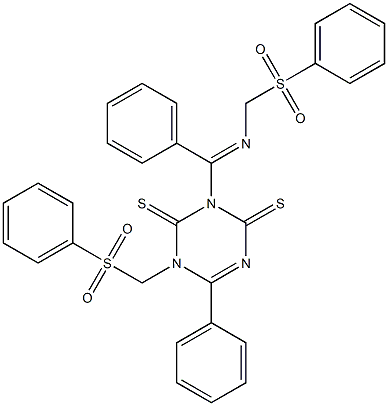 6-phenyl-3-(phenyl{[(phenylsulfonyl)methyl]imino}methyl)-1-[(phenylsulfonyl)methyl]-1,3,5-triazine-2,4(1H,3H)-dithione Struktur