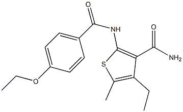 2-[(4-ethoxybenzoyl)amino]-4-ethyl-5-methyl-3-thiophenecarboxamide Struktur