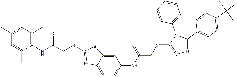 2-{[5-(4-tert-butylphenyl)-4-phenyl-4H-1,2,4-triazol-3-yl]sulfanyl}-N-(2-{[2-(mesitylamino)-2-oxoethyl]sulfanyl}-1,3-benzothiazol-6-yl)acetamide|