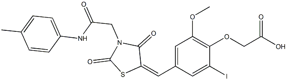 [4-({2,4-dioxo-3-[2-oxo-2-(4-toluidino)ethyl]-1,3-thiazolidin-5-ylidene}methyl)-2-iodo-6-methoxyphenoxy]acetic acid,,结构式
