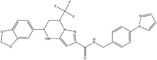 5-(1,3-benzodioxol-5-yl)-N-[4-(1H-pyrazol-1-yl)benzyl]-7-(trifluoromethyl)-4,5,6,7-tetrahydropyrazolo[1,5-a]pyrimidine-2-carboxamide Struktur