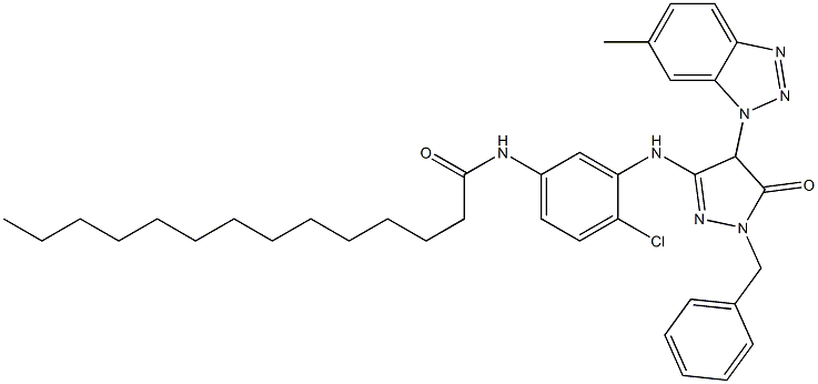 1-Benzyl-3-[2-chloro-5-(tetradecanoylamino)anilino]-4-(6-methyl-1H-benzotriazol-1-yl)-5(4H)-pyrazolone Struktur