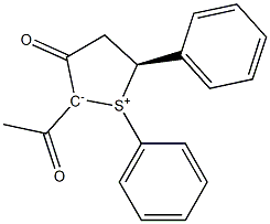 (5S)-2-Acetyl-5-(phenyl)-1-phenyl-3-oxo-2,3,4,5-tetrahydrothiophen-1-ium-2-ide Struktur