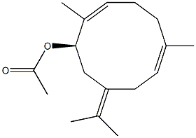 (1R,2E,6E)-2,6-Dimethyl-9-(1-methylethylidene)-2,6-cyclodecadien-1-ol acetate Struktur
