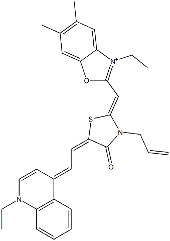 3-Ethyl-2-[[5-[2-(1-ethylquinolin-4(1H)-ylidene)ethylidene]-4-oxo-3-allylthiazolidin-2-ylidene]methyl]-5,6-dimethylbenzoxazol-3-ium Struktur