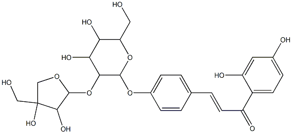 (E)-3-[4-[3-[3,4-dihydroxy-4-(hydroxymethyl)oxolan-2-yl]oxy-4,5-dihydroxy-6-(hydroxymethyl)oxan-2-yl]oxyphenyl]-1-(2,4-dihydroxyphenyl)prop-2-en-1-one Struktur