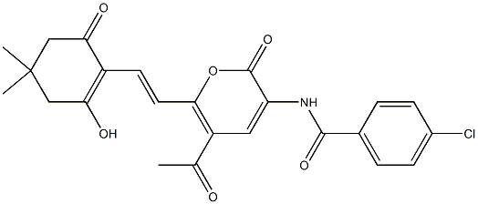 N-{5-acetyl-6-[(E)-2-(2-hydroxy-4,4-dimethyl-6-oxo-1-cyclohexenyl)ethenyl]-2-oxo-2H-pyran-3-yl}-4-chlorobenzenecarboxamide Struktur