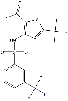 N1-[2-acetyl-5-(tert-butyl)-3-thienyl]-3-(trifluoromethyl)benzene-1-sulfona mide Struktur