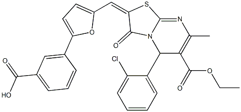 3-{5-[(5-(2-chlorophenyl)-6-(ethoxycarbonyl)-7-methyl-3-oxo-5H-[1,3]thiazolo[3,2-a]pyrimidin-2(3H)-ylidene)methyl]-2-furyl}benzoic acid Struktur