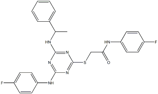 2-({4-(4-fluoroanilino)-6-[(1-phenylethyl)amino]-1,3,5-triazin-2-yl}sulfanyl)-N-(4-fluorophenyl)acetamide Structure
