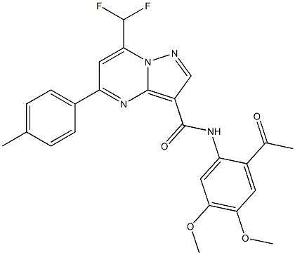 N-(2-acetyl-4,5-dimethoxyphenyl)-7-(difluoromethyl)-5-(4-methylphenyl)pyrazolo[1,5-a]pyrimidine-3-carboxamide 结构式