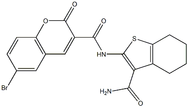 N-[3-(aminocarbonyl)-4,5,6,7-tetrahydro-1-benzothien-2-yl]-6-bromo-2-oxo-2H-chromene-3-carboxamide Struktur