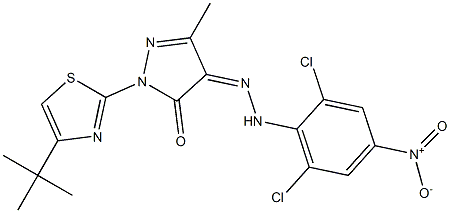 1-[4-(tert-butyl)-1,3-thiazol-2-yl]-3-methyl-1H-pyrazole-4,5-dione 4-[N-(2,6-dichloro-4-nitrophenyl)hydrazone] Struktur
