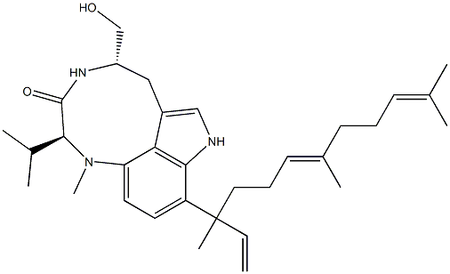 (2S,5S)-9-[(4E)-1-Ethenyl-1,5,9-trimethyl-4,8-decadienyl]-2-isopropyl-1,2,4,5,6,8-hexahydro-5-hydroxymethyl-1-methyl-3H-pyrrolo[4,3,2-gh]-1,4-benzodiazonin-3-one Struktur