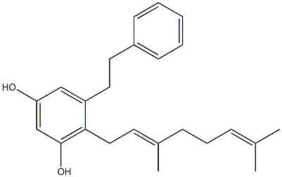 5-フェネチル-4-[(E)-3,7-ジメチル-2,6-オクタジエニル]ベンゼン-1,3-ジオール 化学構造式