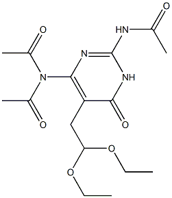 2-Acetylamino-6-diacetylamino-3,4-dihydro-4-oxopyrimidine-5-acetaldehyde diethyl acetal Struktur