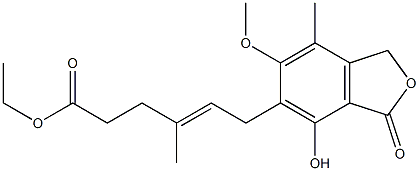 (E)-6-(1,3-ジヒドロ-4-ヒドロキシ-6-メトキシ-7-メチル-3-オキソイソベンゾフラン-5-イル)-4-メチル-4-ヘキセン酸エチル 化学構造式