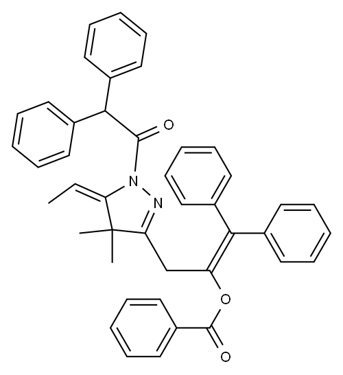 1-ジフェニルメチレン-2-[[4,5-ジヒドロ-4,4-ジメチル-5-エチリデン-1-(ジフェニルアセチル)-1H-ピラゾール]-3-イル]エタノールベンゾアート 化学構造式