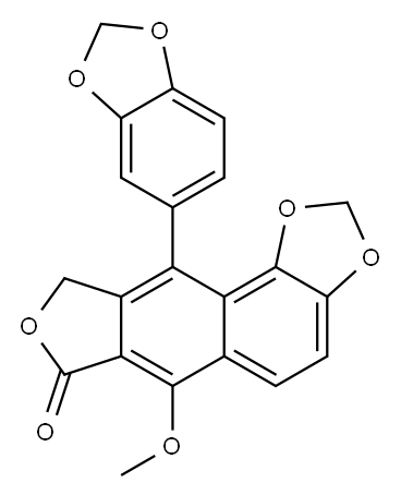 5,6-(メチレンビスオキシ)-9-メトキシ-4-(1,3-ベンゾジオキソール-5-イル)ナフト[2,3-c]フラン-1(3H)-オン 化学構造式