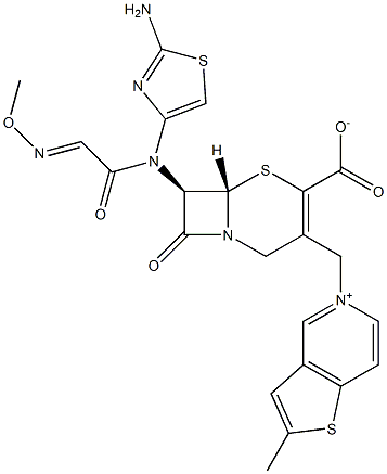 (7R)-7-[(2-アミノ-4-チアゾリル)(メトキシイミノ)アセチルアミノ]-3-[[(2-メチルチエノ[3,2-c]ピリジン-5-イウム)-5-イル]メチル]セファム-3-エン-4-カルボン酸 化学構造式