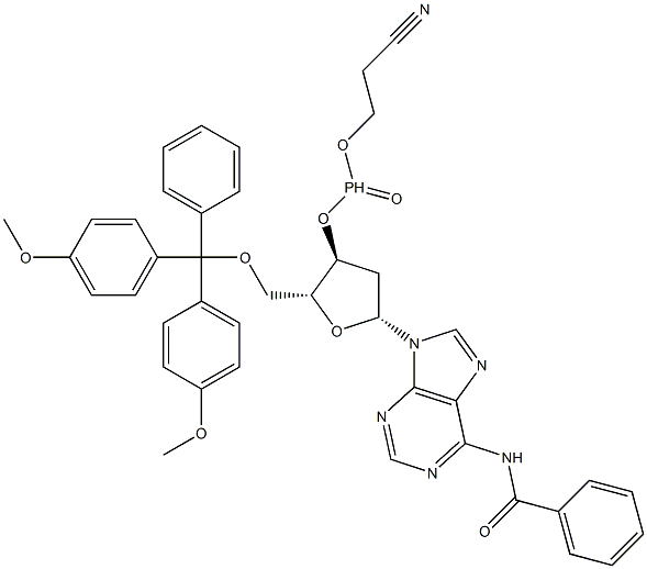 5'-O-[ビス(4-メトキシフェニル)(フェニル)メチル]-2'-デオキシ-N-ベンゾイルアデノシン3'-ホスホン酸(2-シアノエチル) 化学構造式