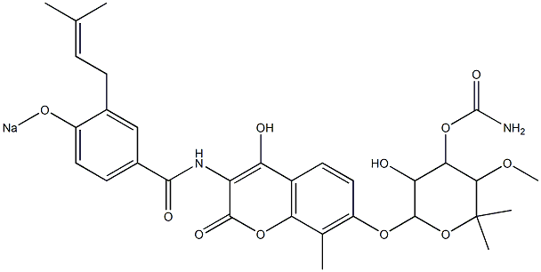 7-[(4-Carbamoyloxy-3-hydroxy-6,6-dimethyl-5-methoxytetrahydro-2H-pyran-2-yl)oxy]-3-[4-sodiooxy-3-(3-methyl-2-butenyl)phenylcarbonylamino]-4-hydroxy-8-methylcoumarin Struktur