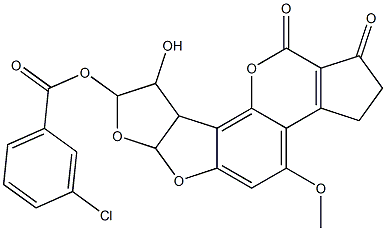 2,3,6a,8,9,9a-ヘキサヒドロ-8,9-ジヒドロキシ-4-メトキシシクロペンタ[c]フロ[3',2':4,5]フロ[2,3-h][1]ベンゾピラン-1,11-ジオン8-(m-クロロベンゾアート) 化学構造式