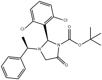 1-Imidazolidinecarboxylic acid, 2-(2,6-dichlorophenyl)-5-oxo-3-[(1R)-1-phenylethyl]-, 1,1-dimethylethyl ester, (2R)- Structure