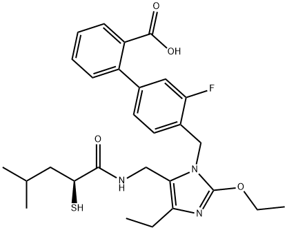 4'-[(2-エトキシ-4-エチル-5-{[(2S)-4-メチル-2-スルファニルペンタンアミド]メチル}イミダゾール-1-イル)メチル]-3'-フルオロ-[1,1'-ビフェニル]-2-カルボン酸 化学構造式
