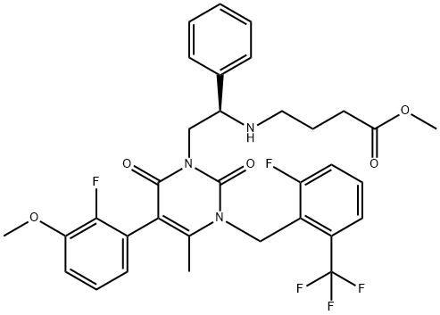 (R)-methyl 4-(2-(3-(2-fluoro-6-(trifluoromethyl)benzyl)-5-(2-fluoro-3-methoxyphenyl)-4-methyl-2,6-dioxo-2,3-dihydropyrimidin-1(6H)-yl)-1-phenylethylam Structure