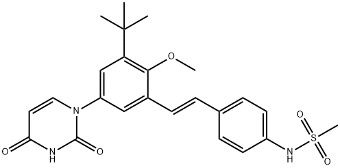 1-[3-[2-[4-(メチルスルホニルアミノ)フェニル]エテニル]-4-メトキシ-5-tert-ブチルフェニル]ピリミジン-2,4(1H,3H)-ジオン 化学構造式
