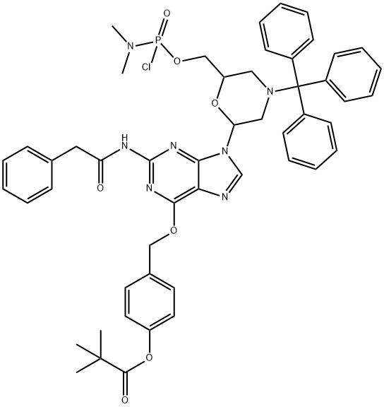 Propanoic acid, 2,2-dimethyl-, 4-[[[9-[6-[[[chloro(dimethylamino)phosphinyl]oxy]methyl]-4-(triphenylmethyl)-2-morpholinyl]-2-[(2-phenylacetyl)amino]-9H-purin-6-yl]oxy]methyl]phenyl ester Structure