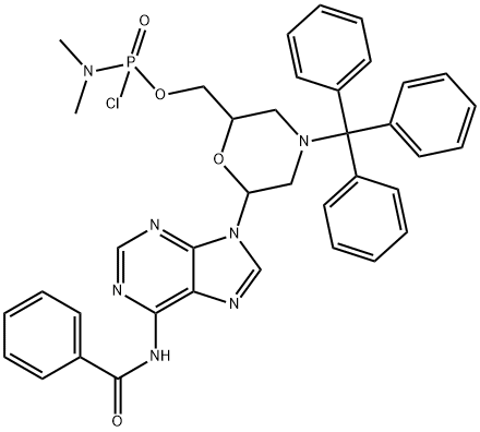 Phosphoramidochloridic acid, N,N-dimethyl-, [6-[6-(benzoylamino)-9H-purin-9-yl]-4-(triphenylmethyl)-2-morpholinyl]methyl ester Struktur