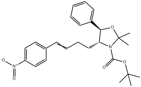 3-Oxazolidinecarboxylic acid, 2,2-dimethyl-4-[4-(4-nitrophenyl)-3-buten-1-yl]-5-phenyl-, 1,1-dimethylethyl ester, (4R,5R)-,1190391-89-9,结构式