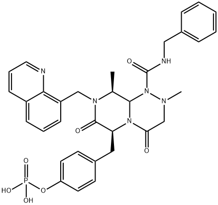 (5S,8aβ)-N-ベンジル-2,8β-ジメチル-4,6-ジオキソ-5β-(4-ヒドロキシベンジル)-7-(8-キノリニルメチル)-1,2,4a,7-テトラアザデカリン-1-カルボアミド 化学構造式
