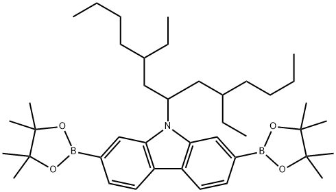 9H-Carbazole, 9-[3-ethyl-1-(2-ethylhexyl)heptyl]-2,7-bis(4,4,5,5-tetramethyl-1,3,2-dioxaborolan-2-yl)-, 1240488-30-5, 结构式