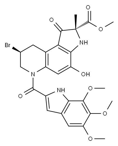 1H-Pyrrolo3,2-fquinoline-2-carboxylic acid, 8-bromo-2,3,6,7,8,9-hexahydro-4-hydroxy-2-methyl-1-oxo-6-(5,6,7-trimethoxy-1H-indol-2-yl)carbonyl-, methyl ester, (2R,8S)- 结构式