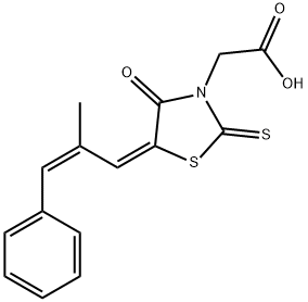 3-Thiazolidineacetic acid, 5-[(2Z)-2-methyl-3-phenyl-2-propen-1-ylidene]-4-oxo-2-thioxo-, (5E)- Struktur