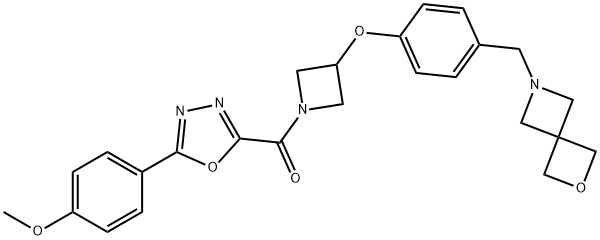 2-[[3-[4-(2-オキサ-6-アザスピロ[3.3]ヘプタン-6-イルメチル)フェノキシ]アゼチジン-1-イル]カルボニル]-5-(4-メトキシフェニル)-1,3,4-オキサジアゾール 化学構造式